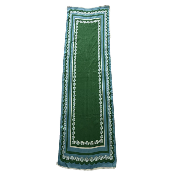 Vintage Green Blue Wave Border Oblong Scarf 41” Maximalist‎ Mod Print No Tag - Picture 3 of 10